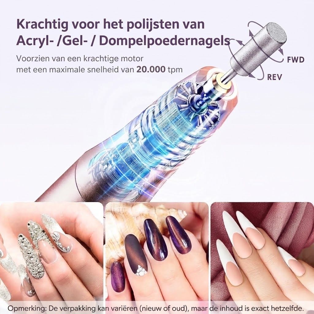 Elektrische nagelfreesmachine 20.000 tpm, FWD/REV-functie, voor acryl-, gel- en dip poedernagels.