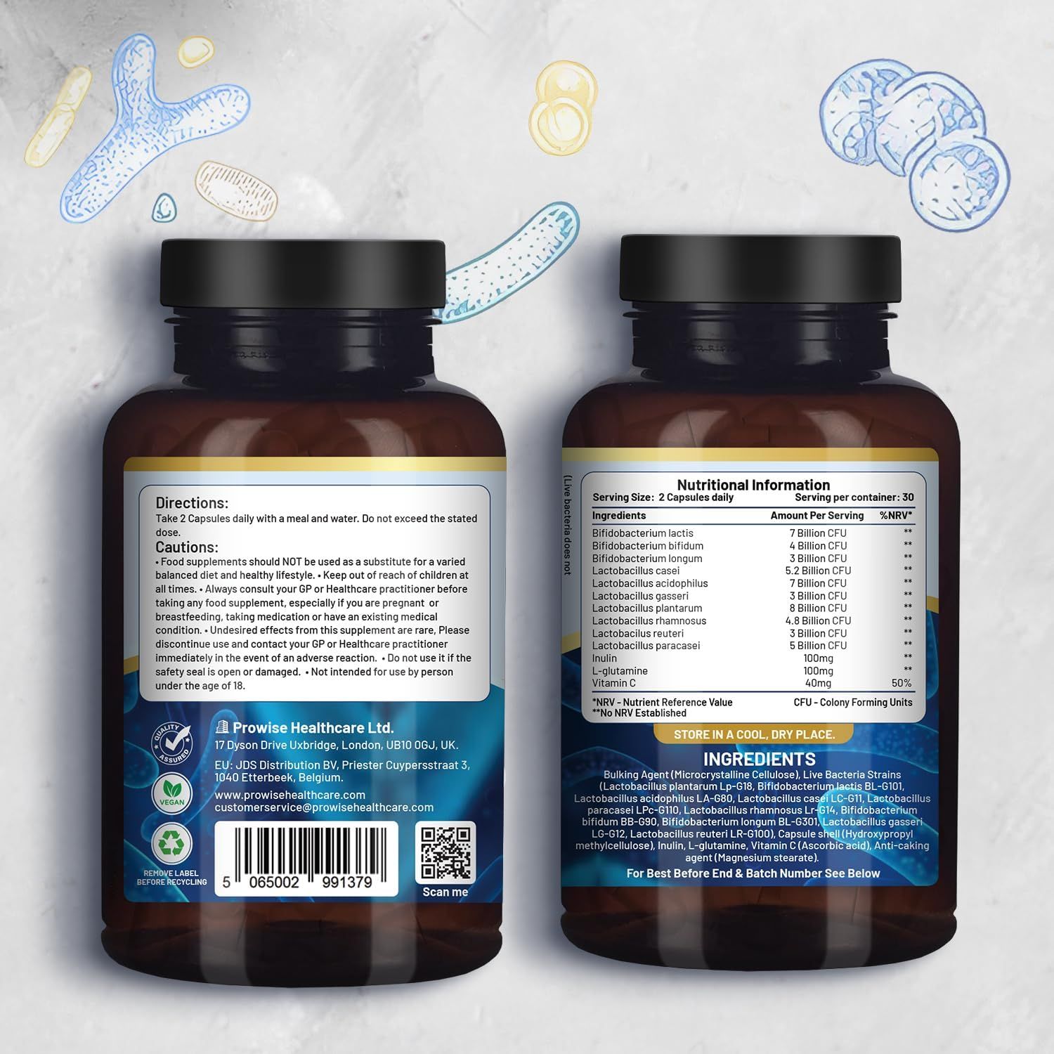 Twee bruine flessen met zwarte doppen. Labels met productinformatie en ingrediënten. Bevat 60 capsules. Merk: Prowise Healthcare.