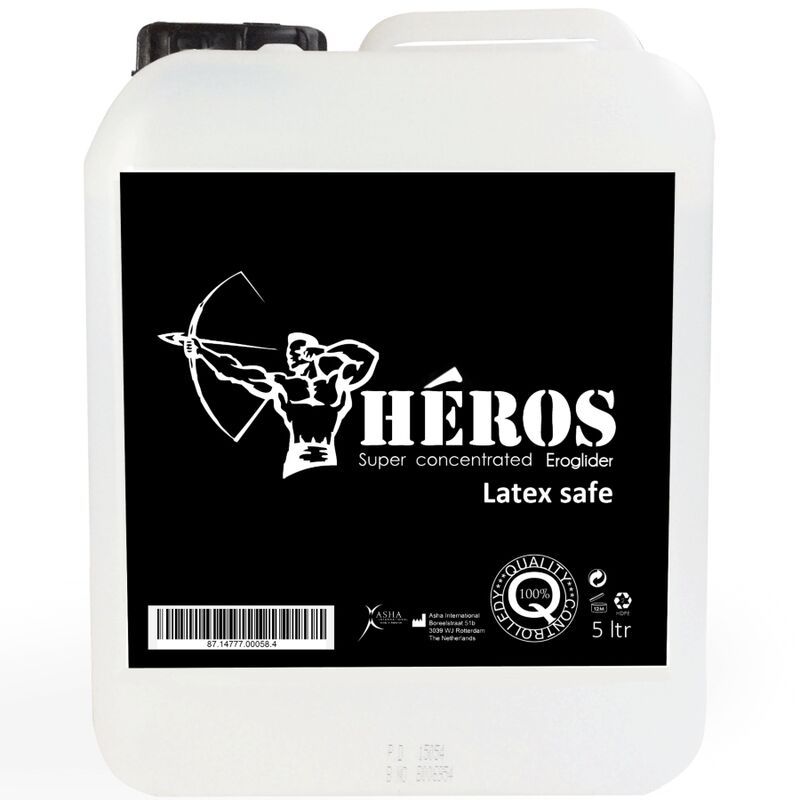 Bidon blanc avec étiquette noire. Texte: HÉROS, Super concentrated Erogelider, Latex safe. Marque de qualité. 5 litres.