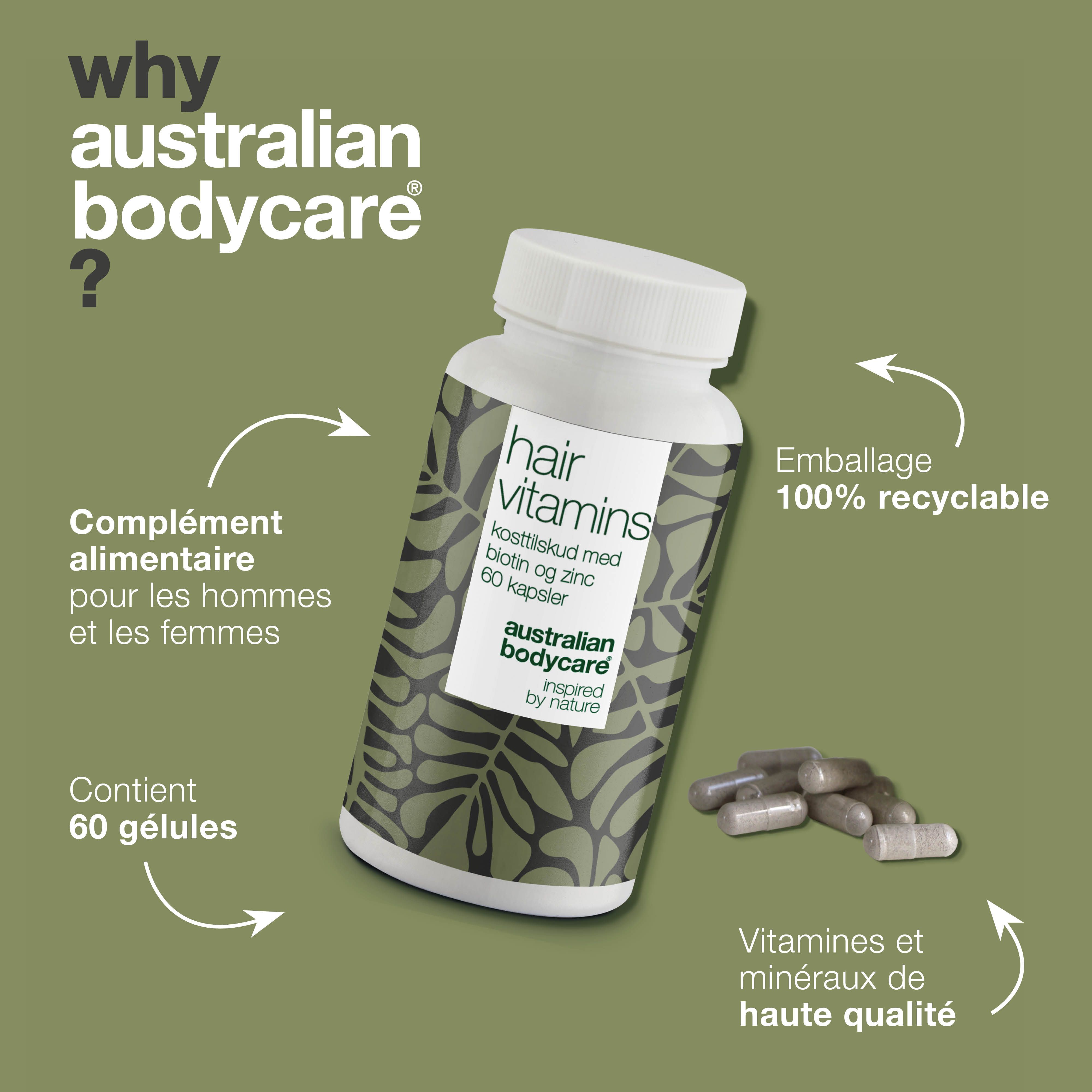 Un flacon "hair vitamins" avec du texte et des gélules. Le texte "Australian Bodycare" est visible.