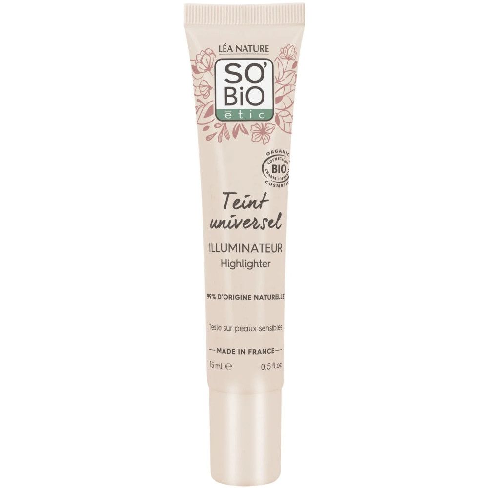 Tube SO'BiO étic Illuminateur Teint Universel Bio. Inscription 'Teint universel'. Certification Bio, 15 ml.