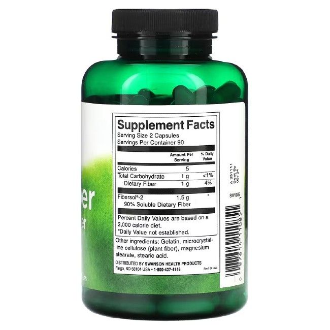 Dos du flacon vert. Étiquette blanche avec informations nutritionnelles. Contient des fibres, Fibersol-2. Liste des ingrédients.