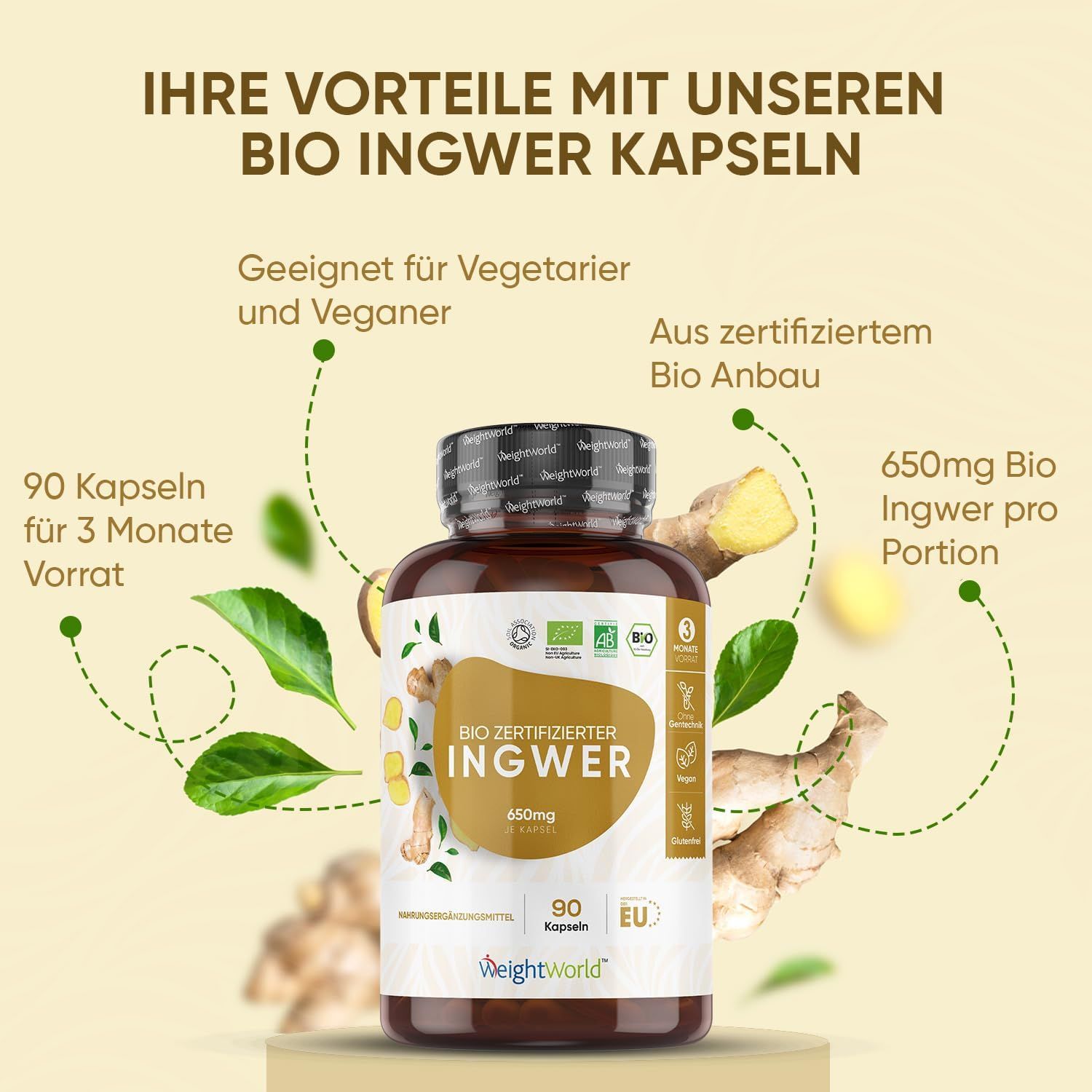 WeightWorld biologische gembercapsules: 90 capsules voorraad, 650mg per portie. Geschikt voor vegetariërs/veganisten, uit biologische teelt.