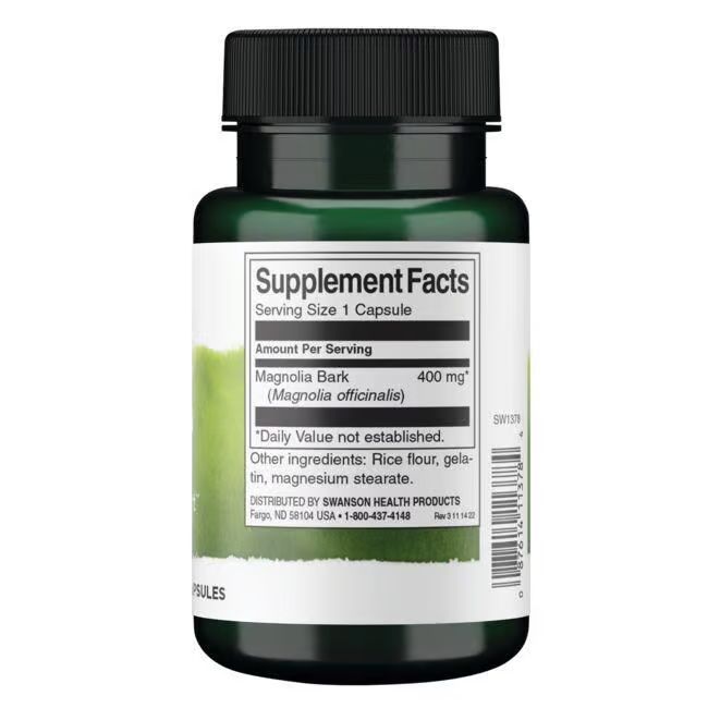 Dos du flacon vert de gélules. Inscription: Supplement Facts, Magnolia Bark, 400 mg. Liste des ingrédients.