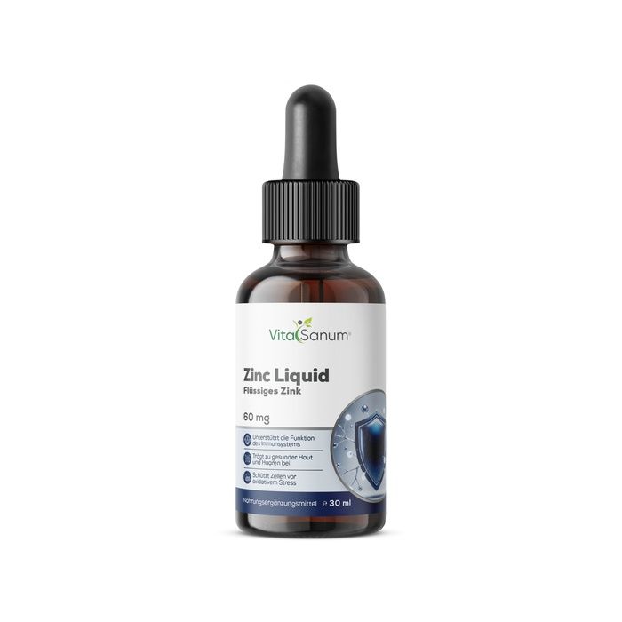 VitaSanum Zink Liquid: Bruine glazen fles met druppelaar. Zink voor immuunsysteem en huid. 30 ml.