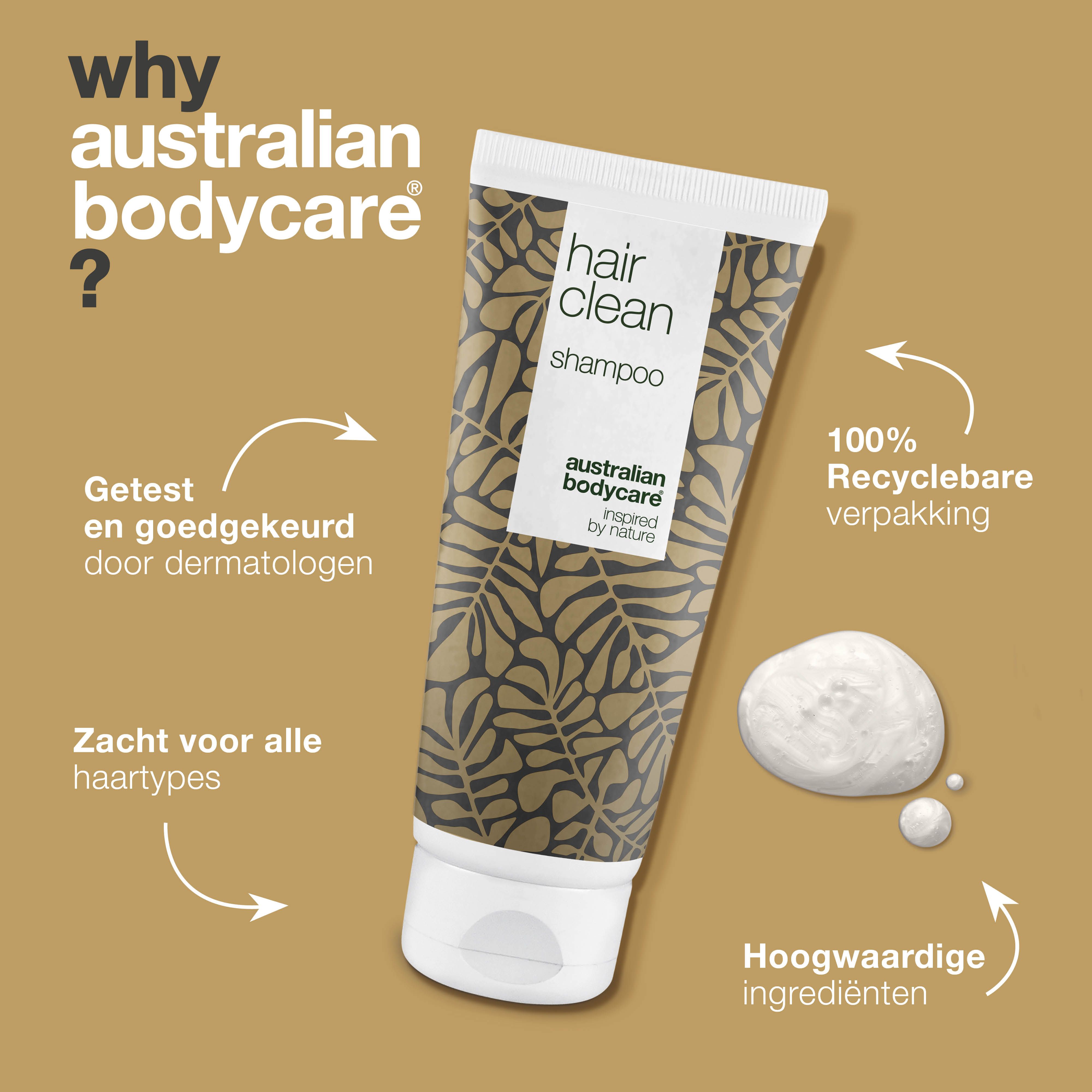 Tube met "hair clean shampoo". Tekst over voordelen. Logo "Australian Bodycare".