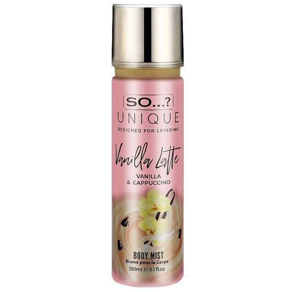 Flacon de brume corporelle avec bouchon argenté. Étiquette rose avec texte: SO...? UNIQUE, Vanilla Latte, Body Mist. 150ml.