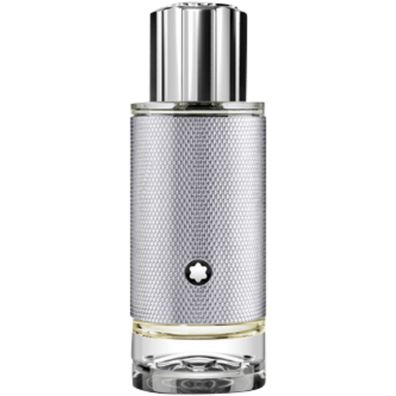 Montblanc Explorer Platinum EdP Nat. Spray fles. Zilverkleurig ontwerp met logo. Cilindrische vorm met zilveren dop.