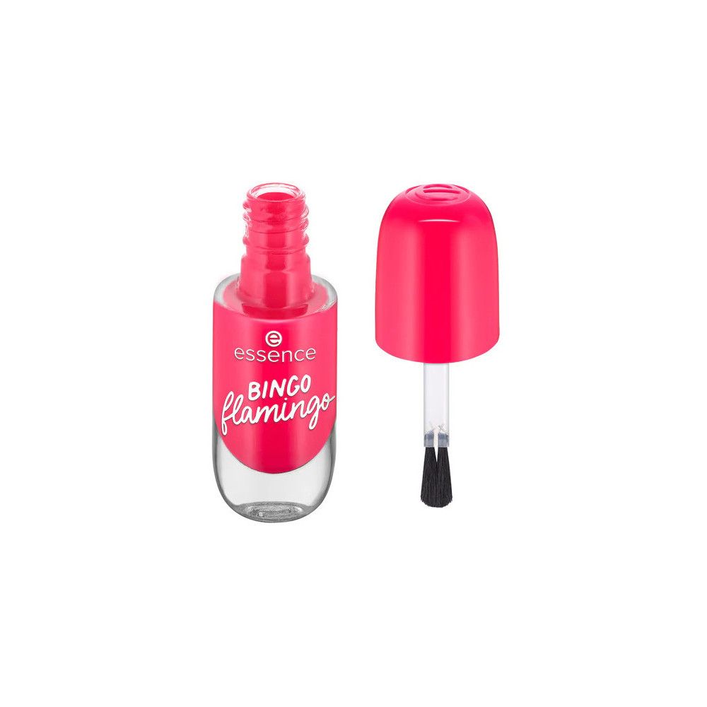 Flacon de vernis à ongles ouvert avec pinceau. Vernis à ongles rose avec inscription "BINGO flamingo". Marque : Essence.