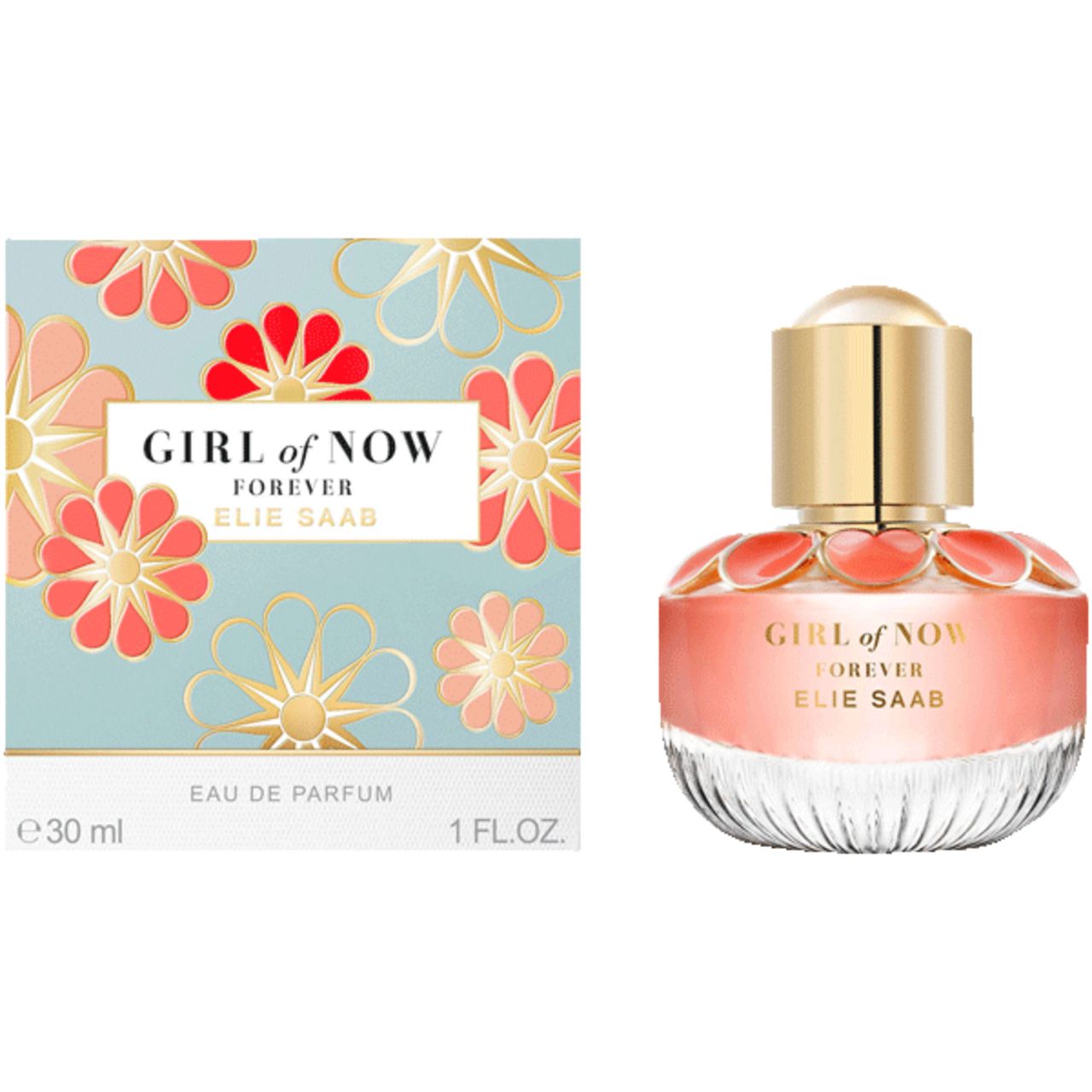 Flacon de parfum et emballage. Flacon rose, bouchon doré, décor floral. Emballage avec motif floral et texte.