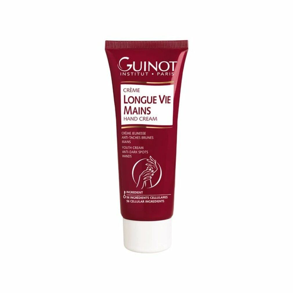 Crème mains Guinot Longue Vie Mains dans un tube rouge. Montre une illustration de main stylisée et 56 actifs cellulaires.