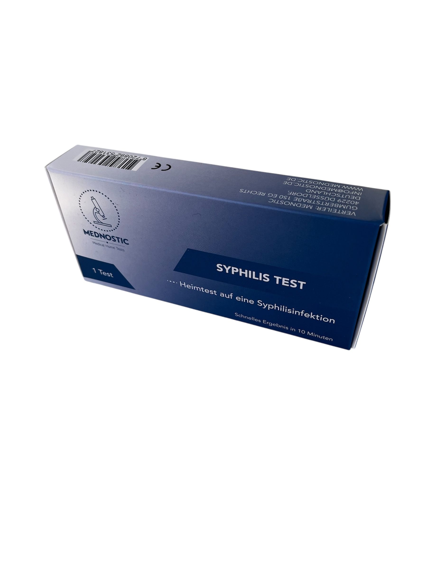 Boîte bleue et blanche avec texte SYPHILIS TEST. Marque MEDNOSTIC. Autotest pour l'infection de la syphilis. Marquage CE.