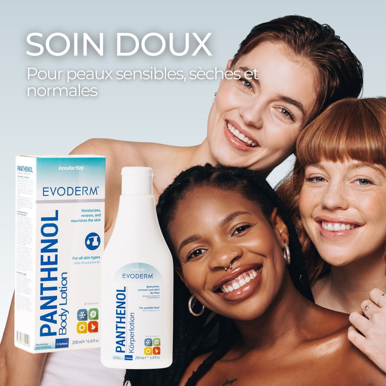 Trois femmes de différentes couleurs de peau. EVODERM Panthenol Lotion corporelle. Texte : Soin doux. Pour peaux sensibles.