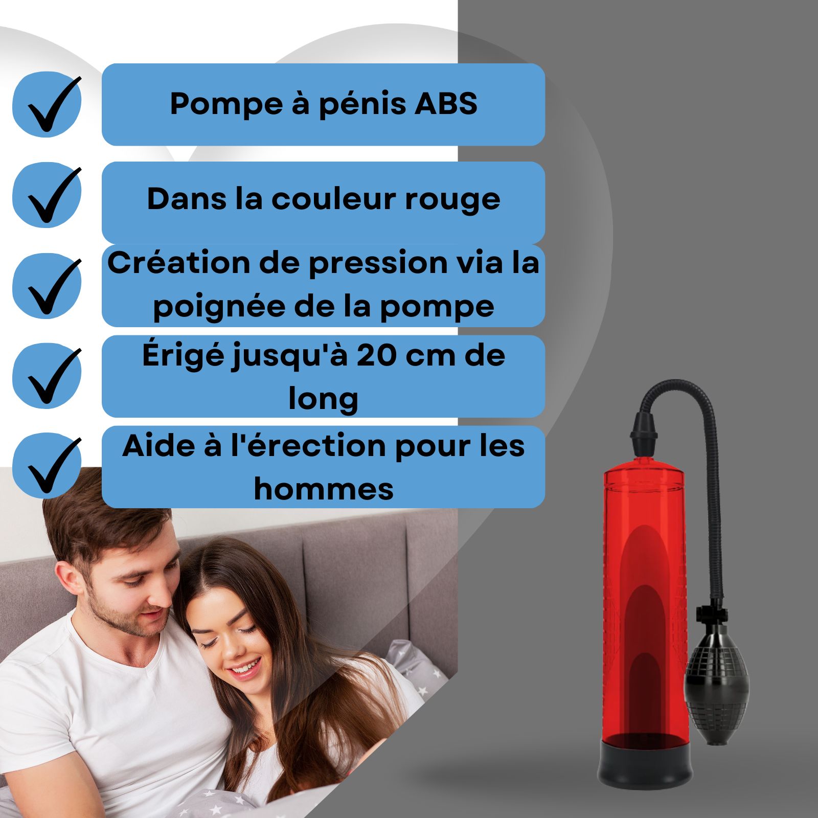 Pompe à pénis rouge avec poire. Couple au lit. Texte: Pompe à pénis en ABS, de couleur rouge.