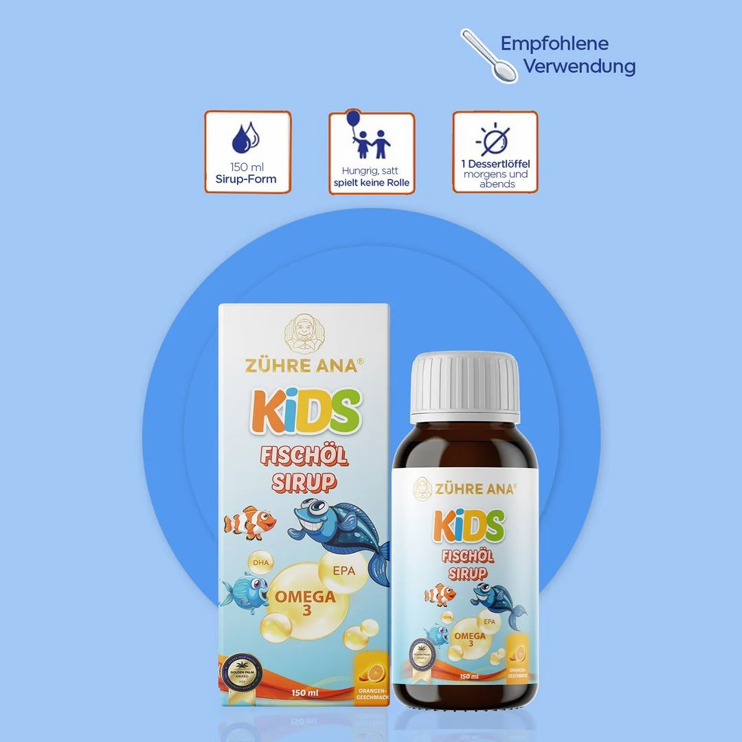 Zühre Ana Kids Fischöl Sirup fles en doos, met iconen voor dosering en gebruik.
