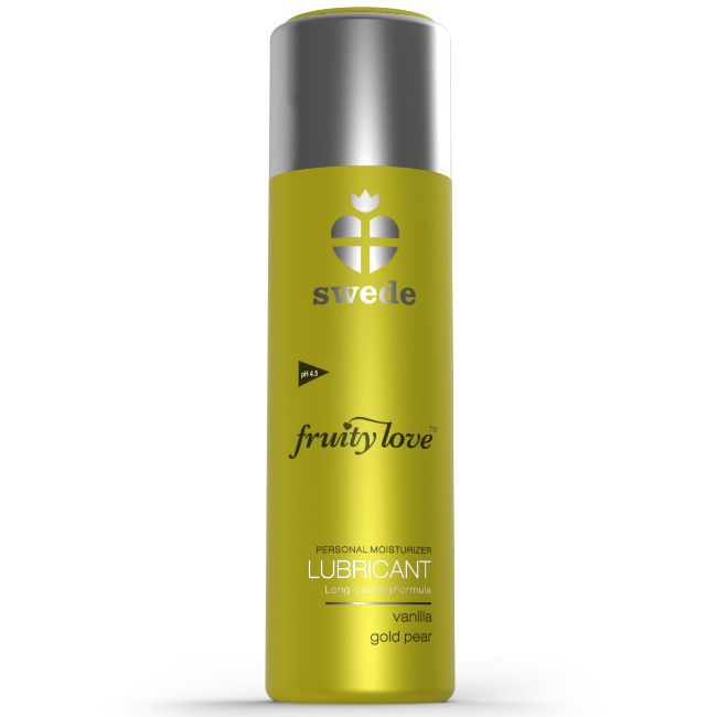 Flacon doré avec bouchon argenté, inscription "swede fruity love", mention "LUBRICANT" et "vanilla gold pear".