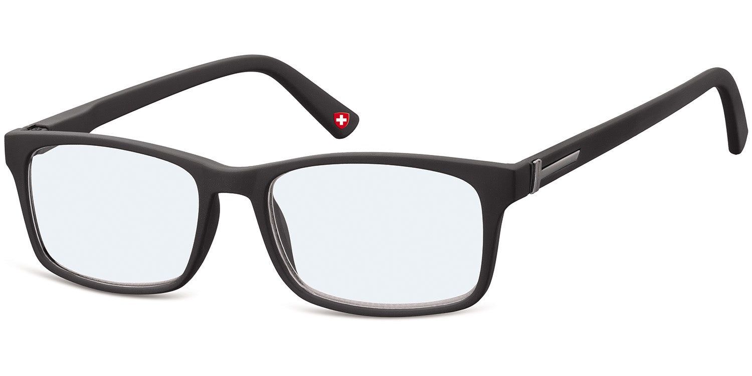 Lunettes noires à verres rectangulaires. Croix suisse sur la branche. Accent métallique gris sur la charnière.