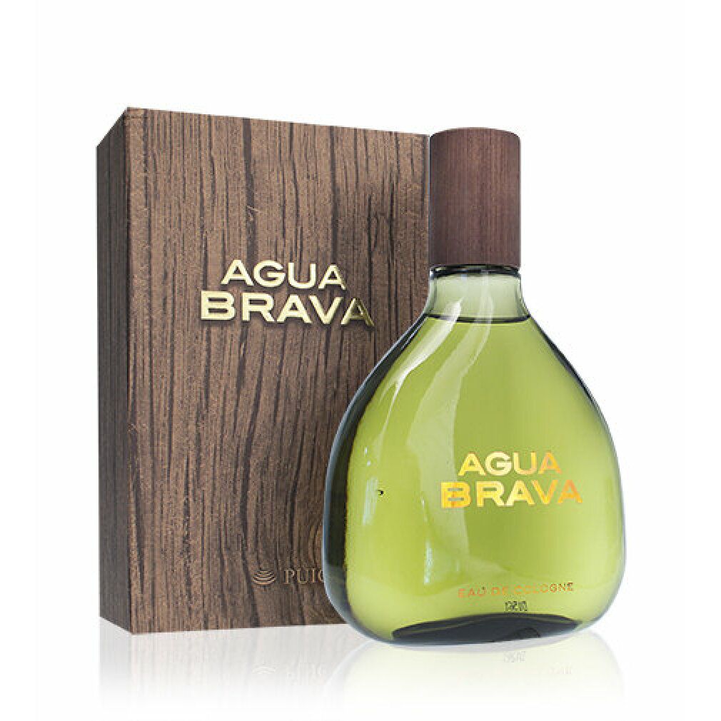 Agua Brava Eau de Cologne fles met houten dop naast een doos met houtnerf.