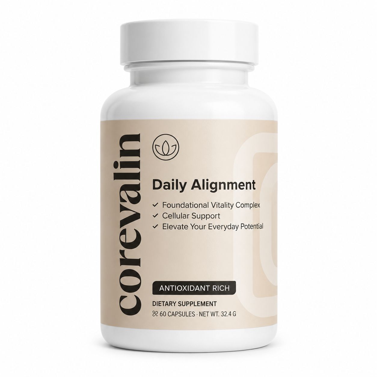 Bouteille blanche de pilules étiquetée 'Daily Alignment' par Corevalin. Contient 60 gélules.
