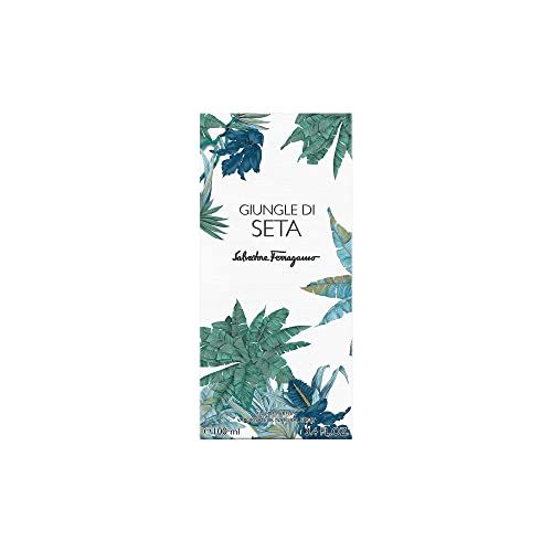 Emballage Salvatore Ferragamo Giungle Di Seta Eau De Parfum avec motif botanique.
