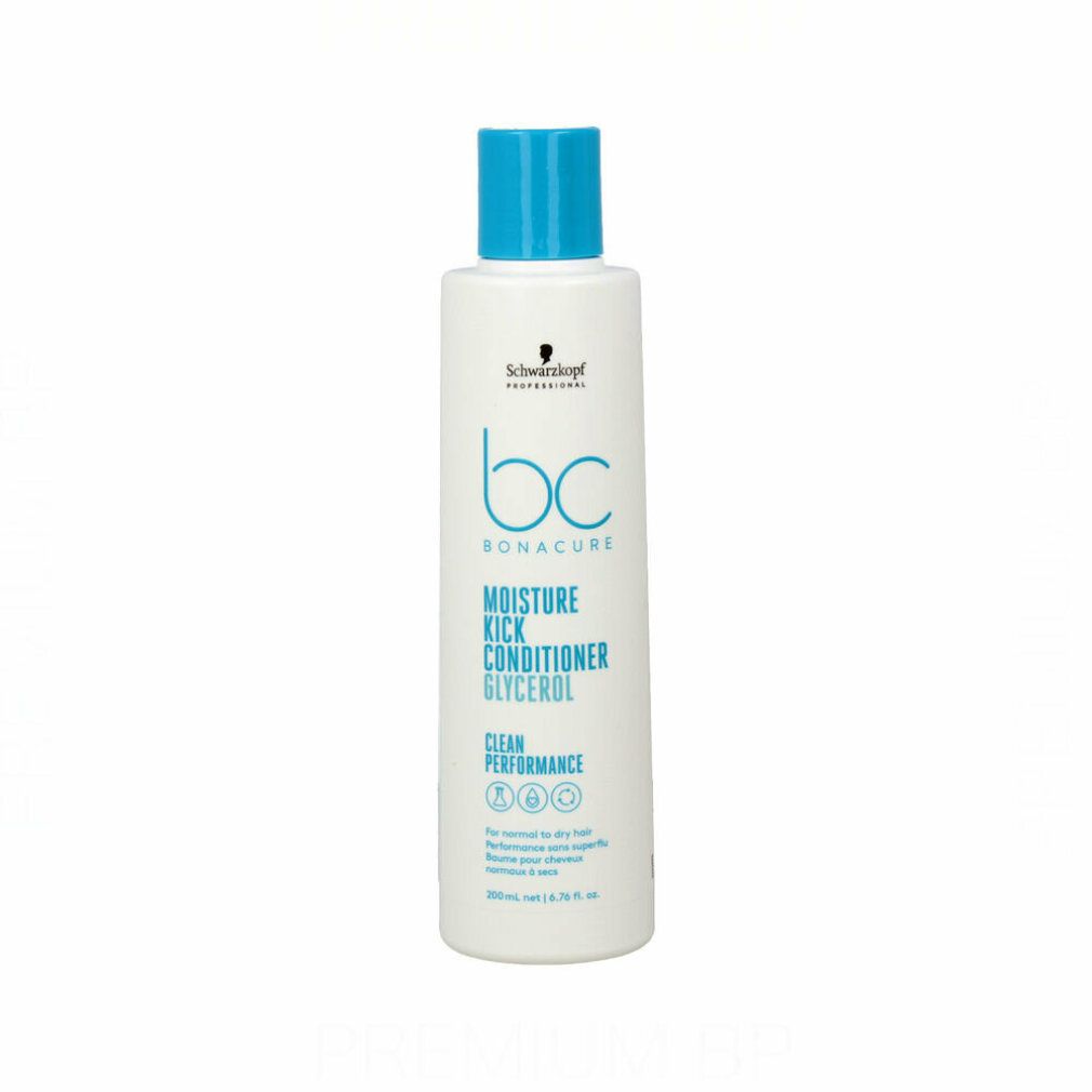 Witte fles met blauwe dop. Opschrift: Schwarzkopf Bonacure Moisture Kick Conditioner Glycerol. Clean Performance.