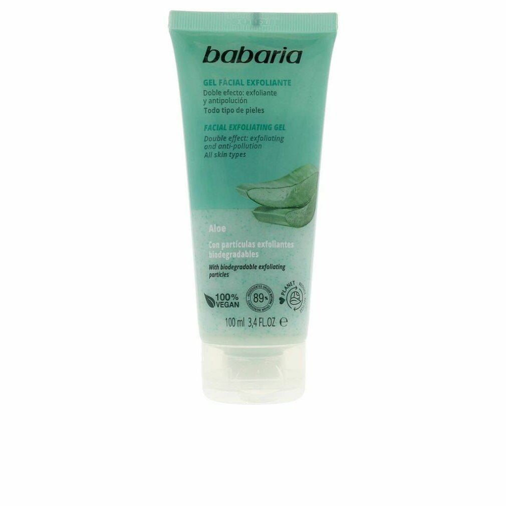 Babaria Aloe Facial Exfoliating Gel tube. Turquoise tube met witte dop. Tekst: 'Aloe', 'Gel Facial Exfoliante', 'Vegan'.