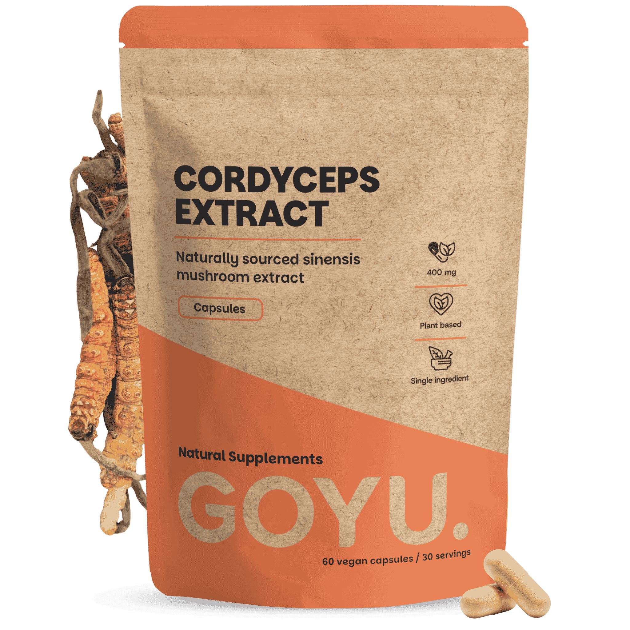 Gélules Cupplement Cordyceps Extract 400 mg dans un sachet en papier brun. 60 gélules végétaliennes.