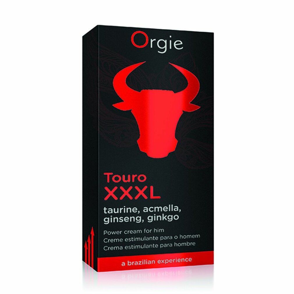 Zwarte verpakking met rode stierenkop en productnaam. Tekst: Touro XXL, ingrediënten. Merk: Orgie.