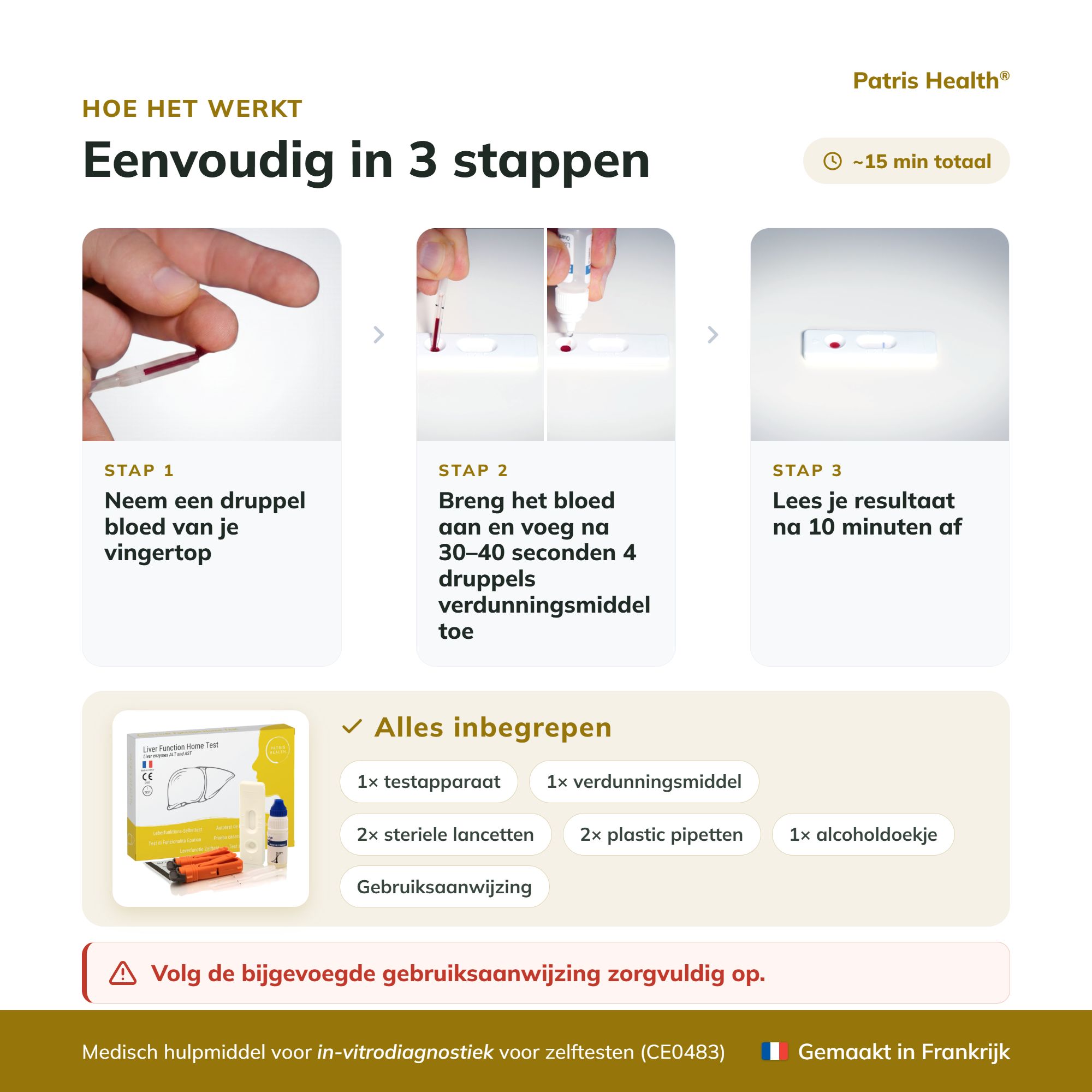 Voorzorgsmaatregelen voor de Patris Health leverfunctietest, met productafbeelding en certificeringen.