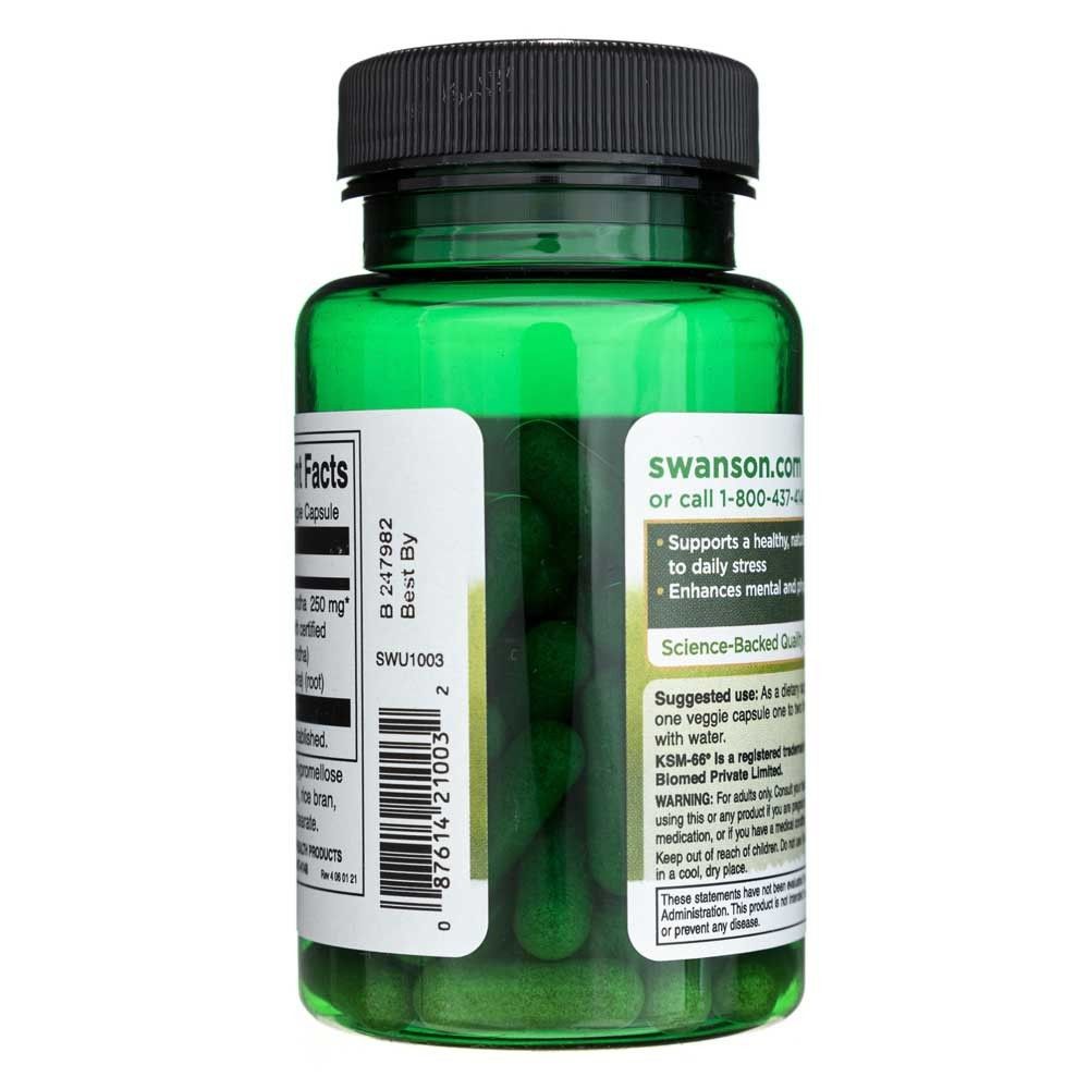 Côté d'une bouteille verte de Swanson Ultimate Ashwagandha, Swanson.com et instructions d'utilisation.