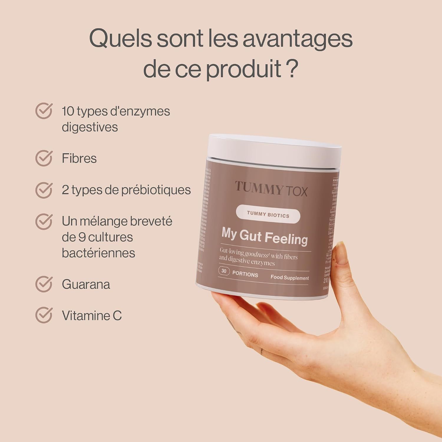 Boîte brune avec couvercle blanc, inscription 'Tummy Tox My Gut Feeling', contient 30 portions, un complément alimentaire.