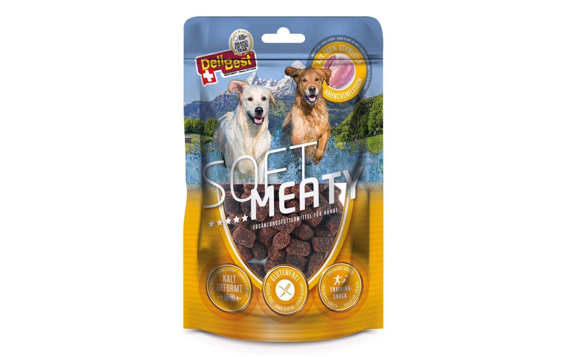 Verpakking met hondensnacks. Opschrift: "DeliBest", "Soft Meaty". Afbeelding van honden en product. Geel-blauwe kleurstelling.