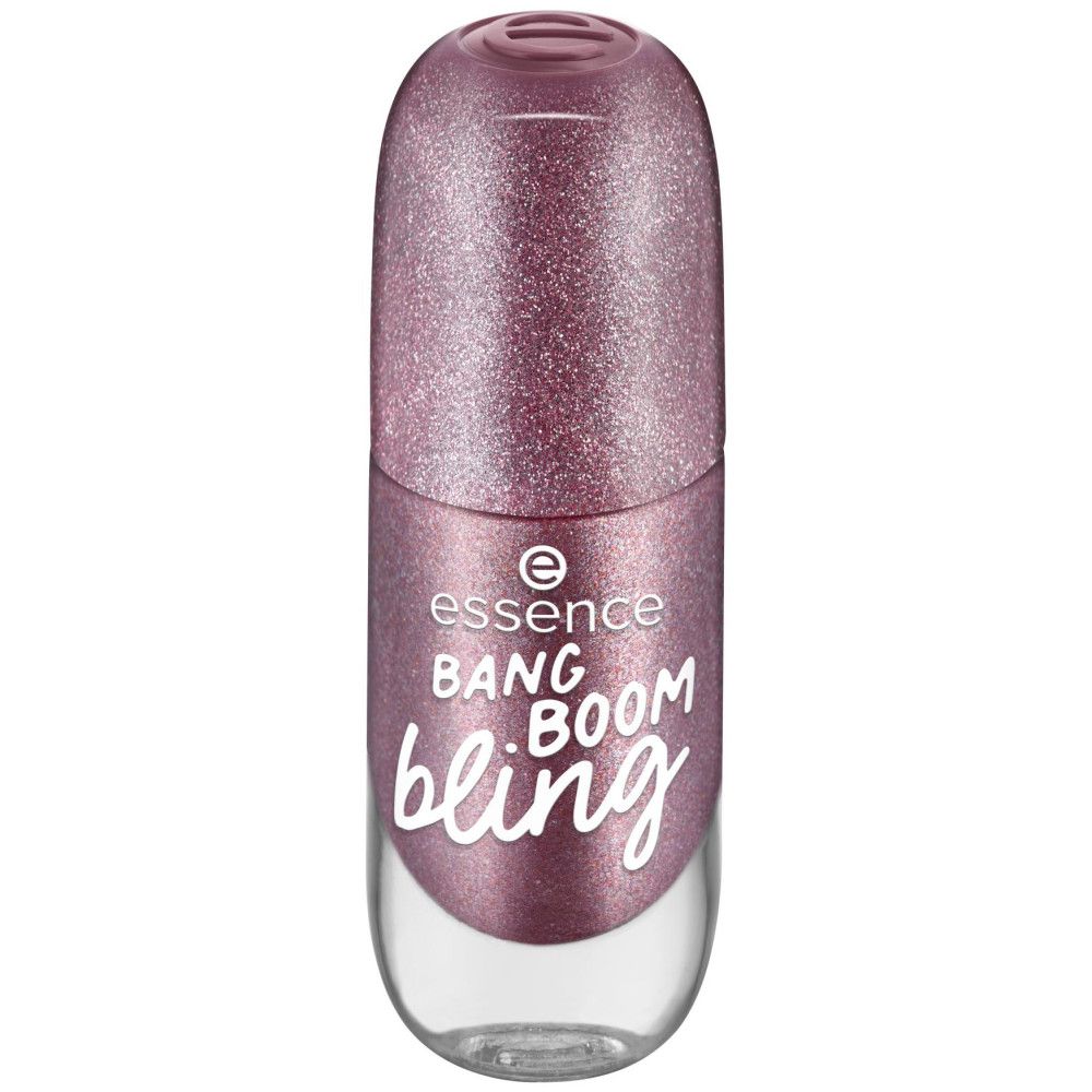 Flacon de vernis à ongles avec bouchon pailleté rose. Inscription: essence BANG BOOM bling.