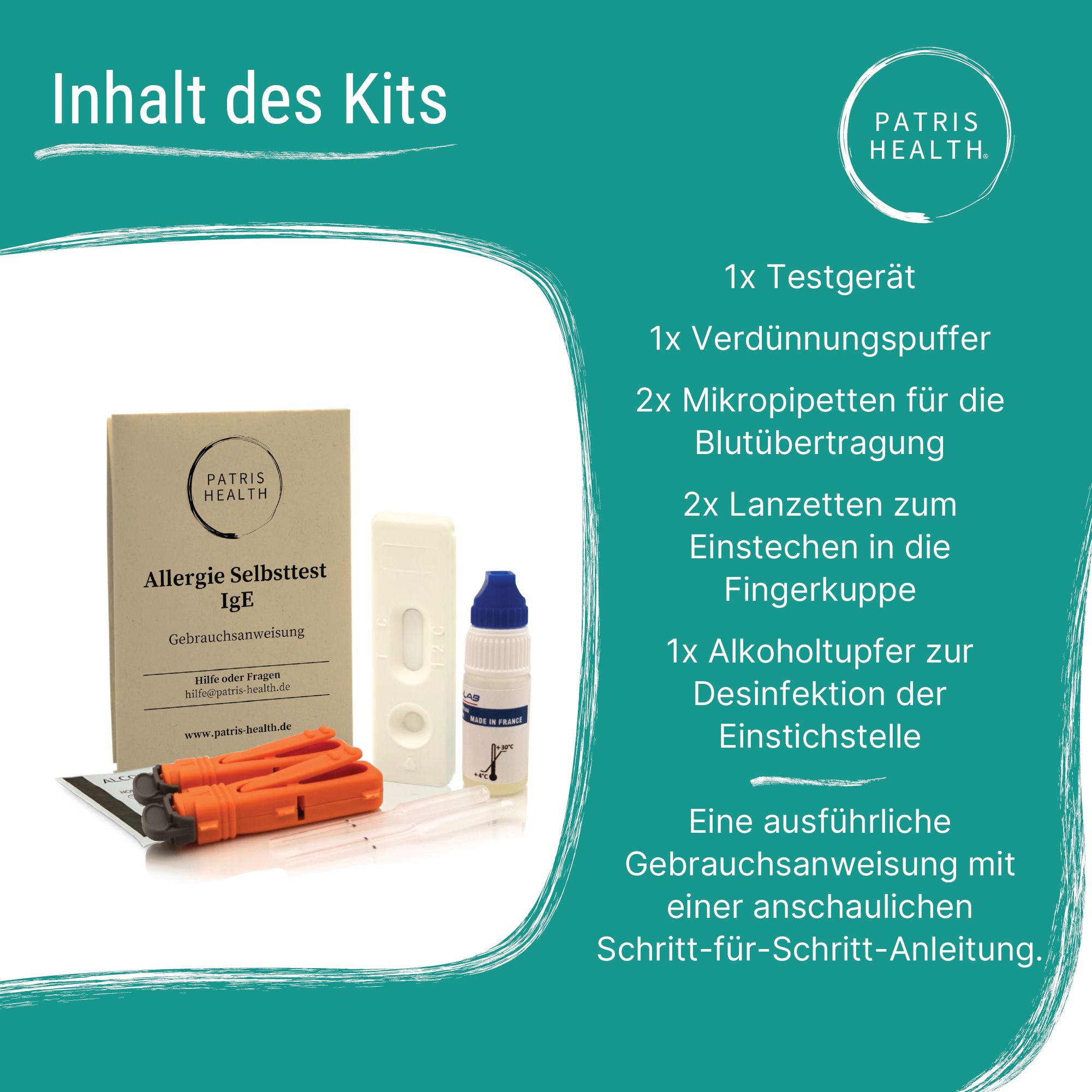 Contenu du kit de test d'allergie. Appareil de test, tampon diluant, micropipettes, lancettes, tampon alcoolisé, instructions.