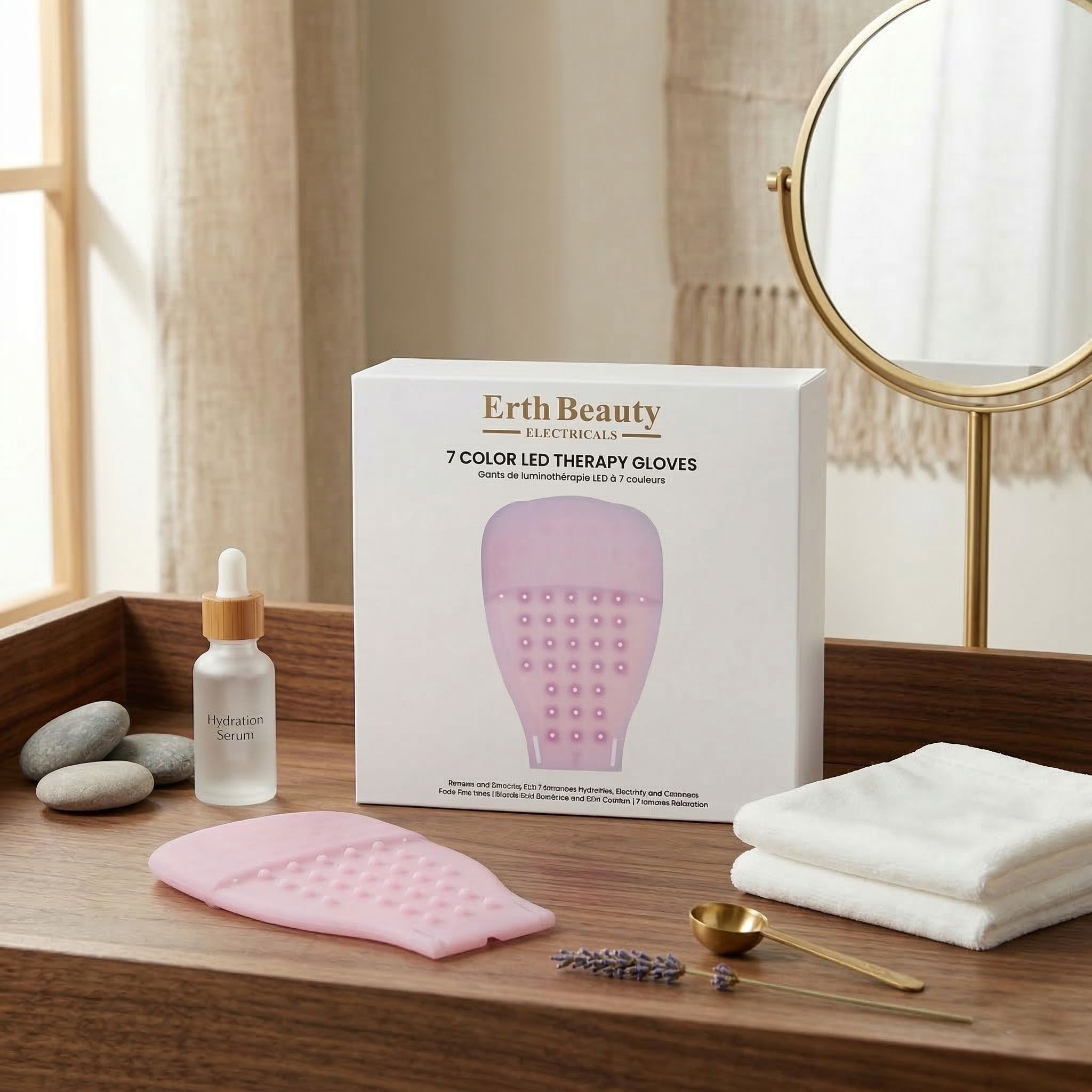 Een roze LED-therapiehandschoen en de verpakking ervan op een houten tafel met accessoires.