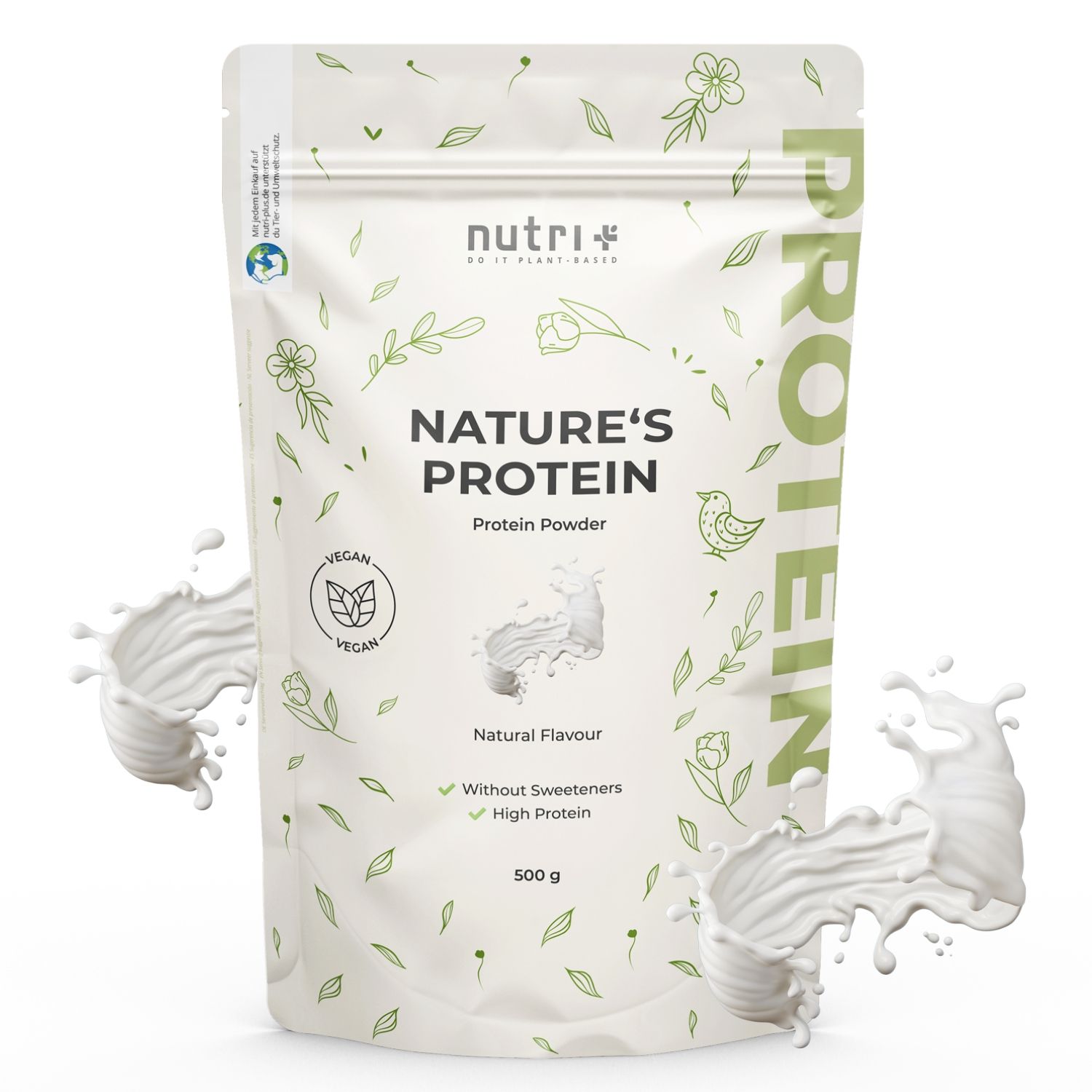Zak Nature's Protein poeder. Opschrift: Nature's Protein, Natural Flavor, zonder zoetstoffen, High Protein, 500 g. Vegan-zegel.