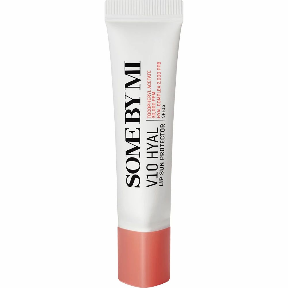 Tube blanc avec bouchon rose. Inscription : SOME BY MI V10 HYAL Lip Sun Protector SPF15.