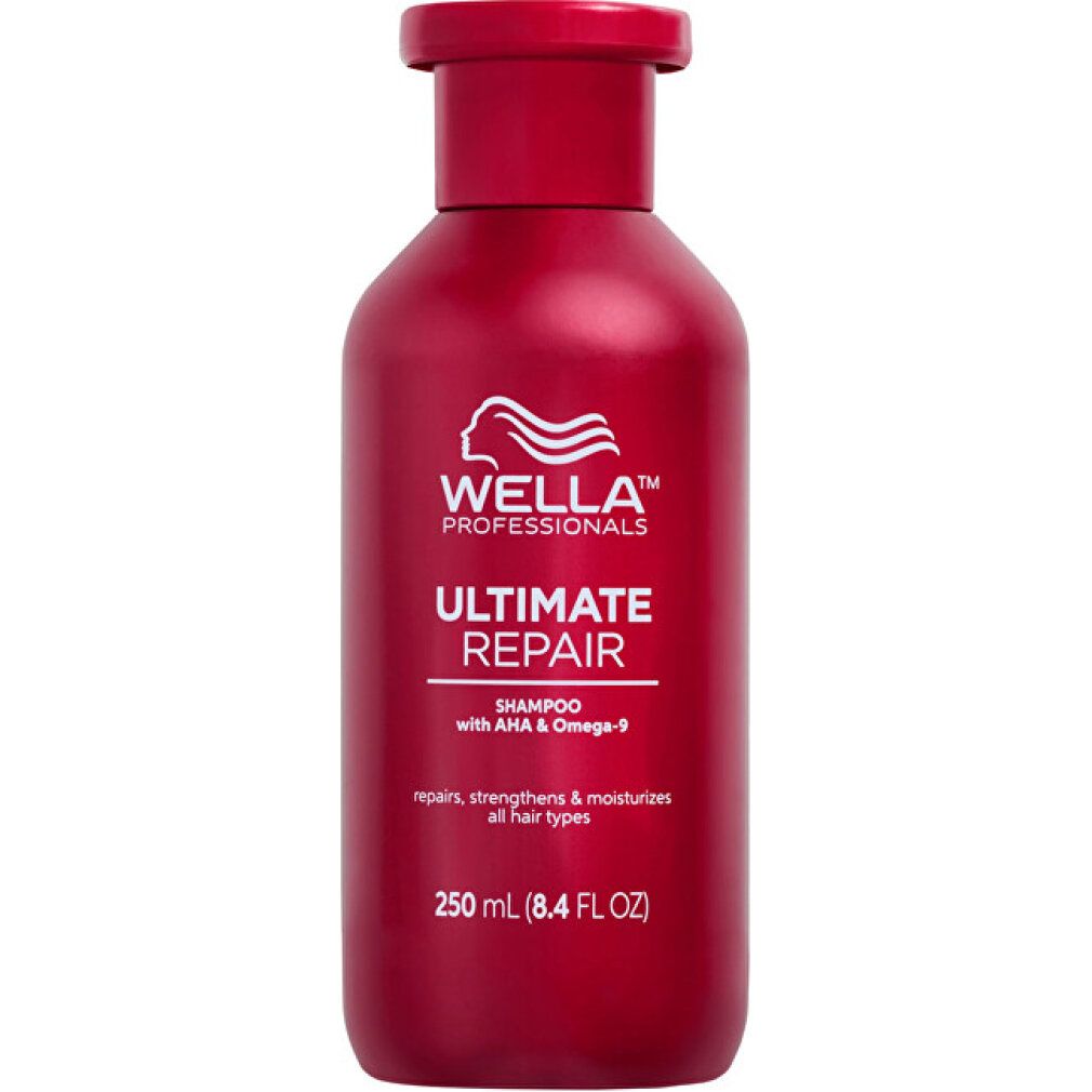 Wella Ultimate Repair Shampoo, 250ml fles. Rode verpakking met wit logo en tekst.