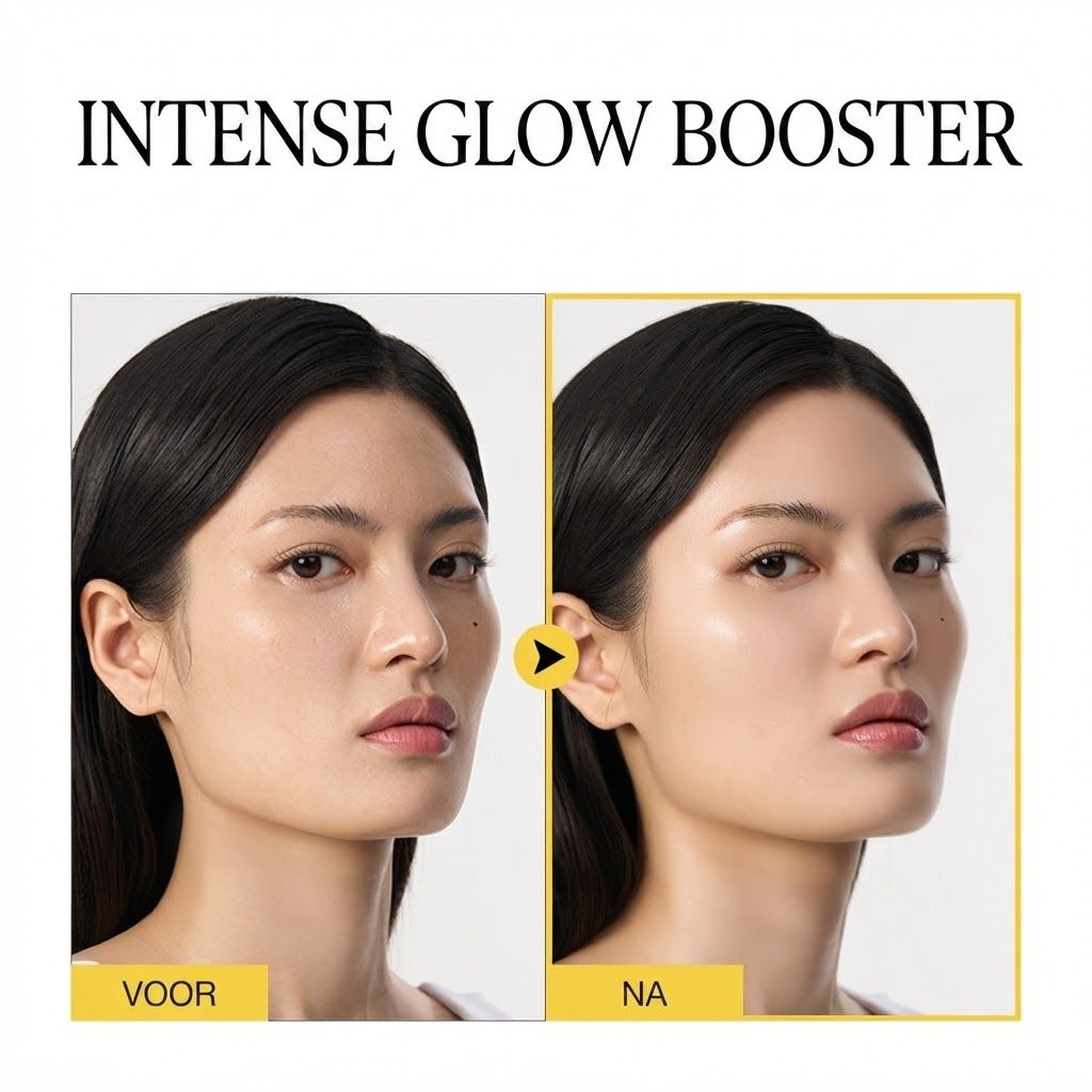 Voor-en-na vergelijking van een vrouw met tekst "Intense Glow Booster". Links: Voor, Rechts: Na.