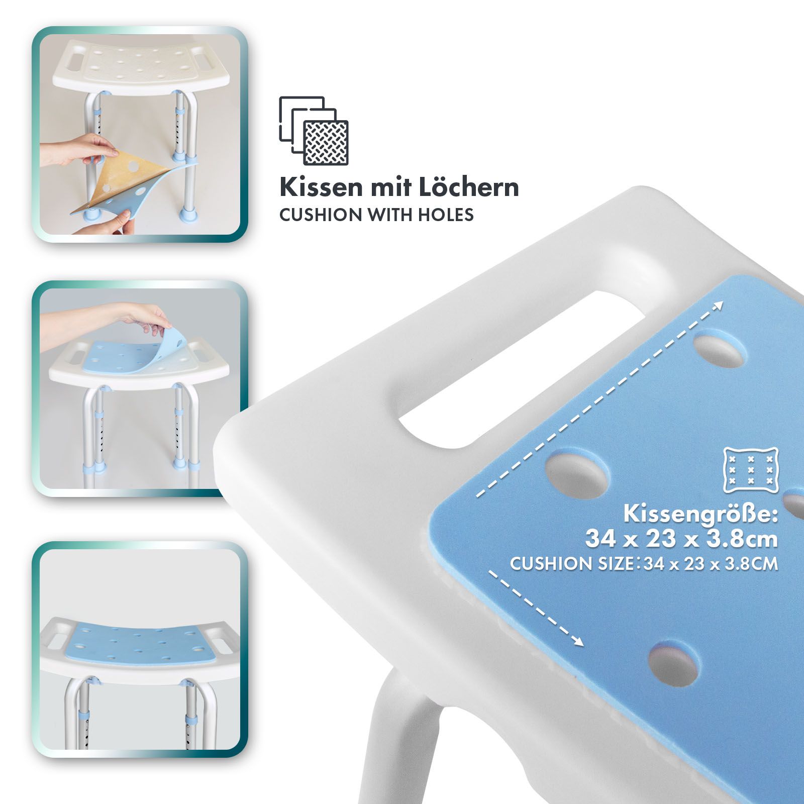 Tabouret de douche bleu. Coussin avec trous. Dimensions du coussin : 34 x 23 x 3,8 cm. Gros plan.