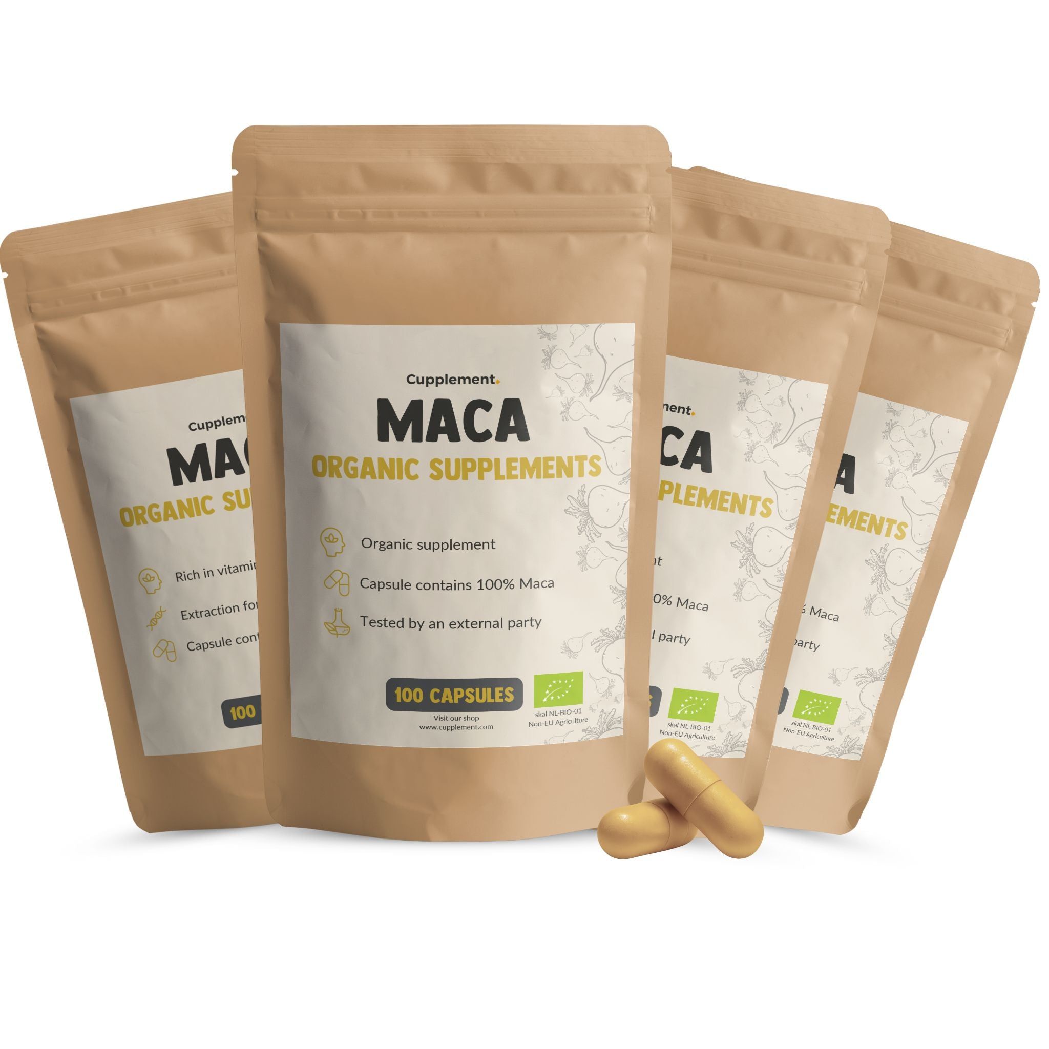 Zakje met capsules. Opschrift: Maca Organic Supplements. 100 capsules. BIO-certificering. Twee capsules ernaast.