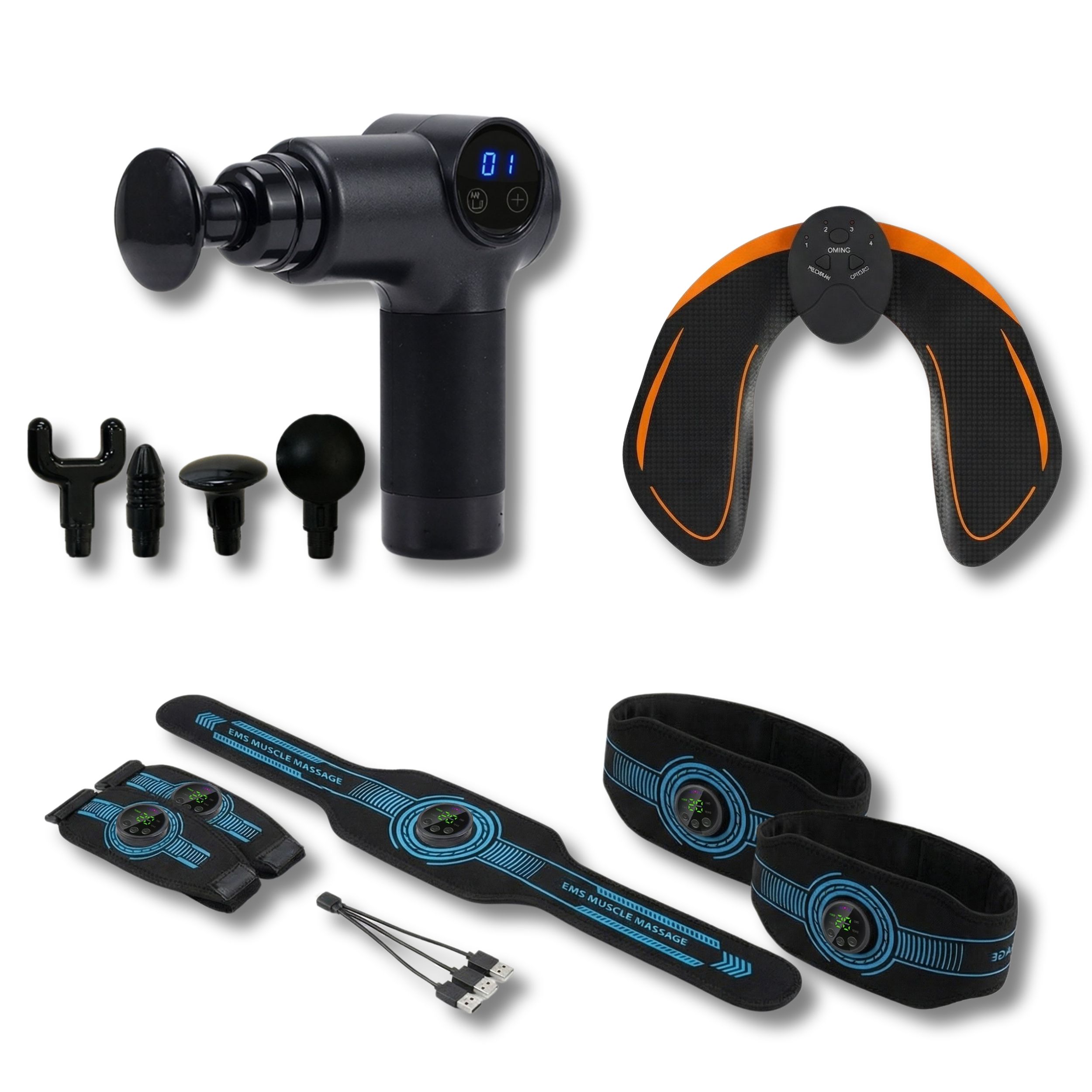 Massagepistool, elektro-stimulatieapparaat voor billen, armen, benen en buik. Accessoires.