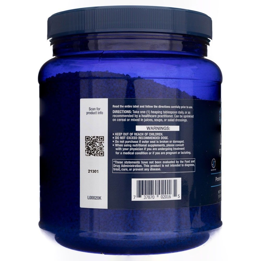 Arrière du récipient de poudre de lécithine Life Extension. Contient des instructions, des avertissements et un code-barres.