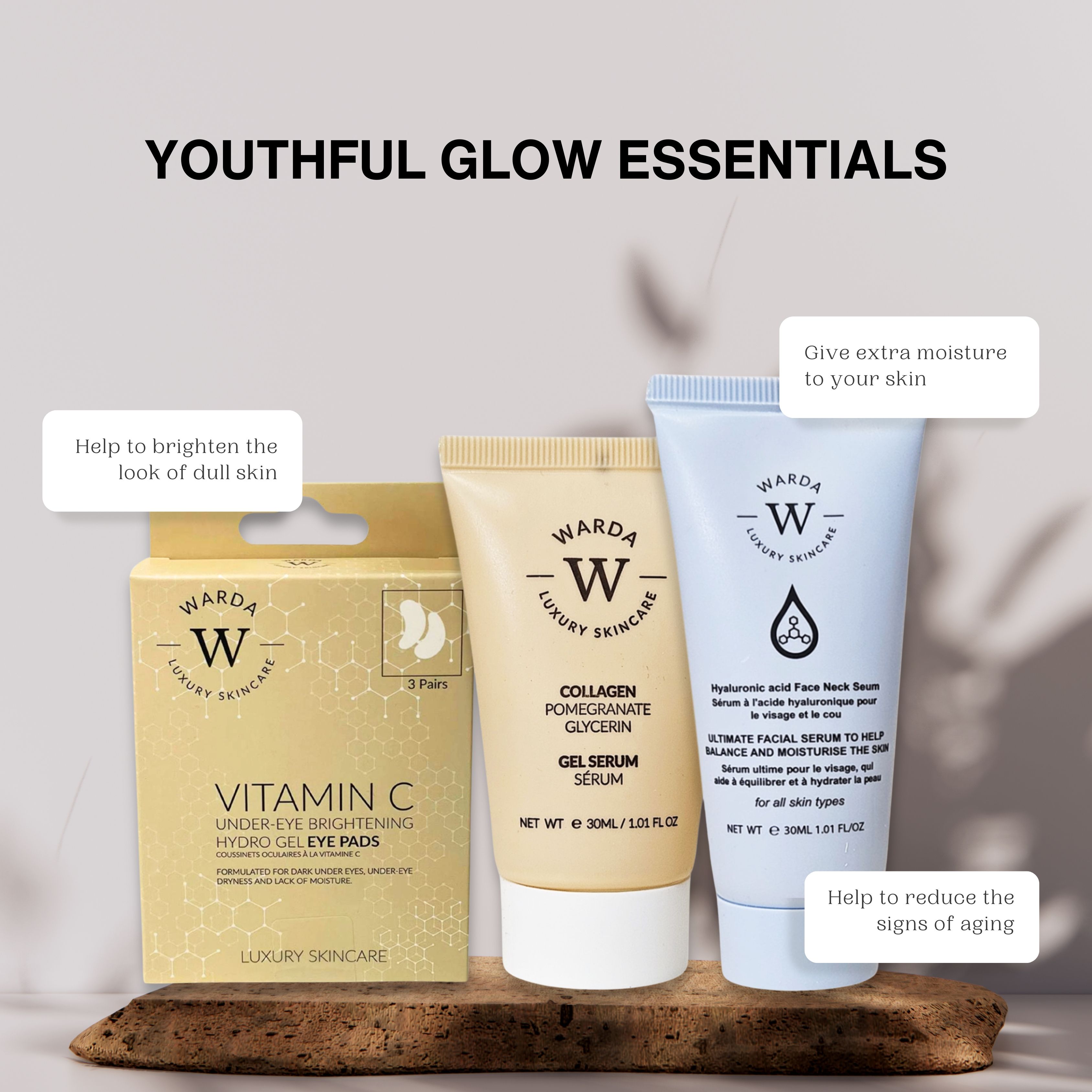 Trois produits de soin Warda sur un socle. Sérum gel, patchs pour les yeux et sérum. Tous avec logo et texte.