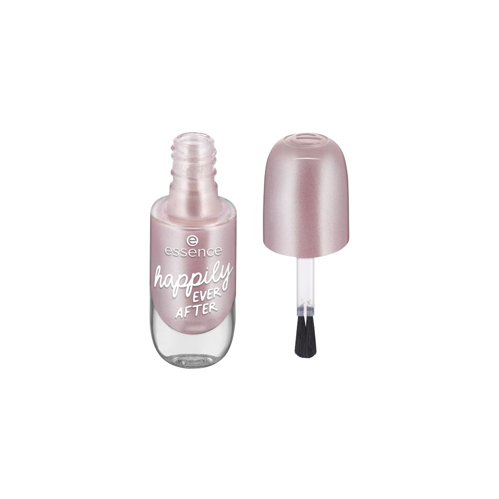 Flacon de vernis à ongles ouvert avec pinceau. Vernis rose avec inscription 'happily ever after'. Marque : Essence.