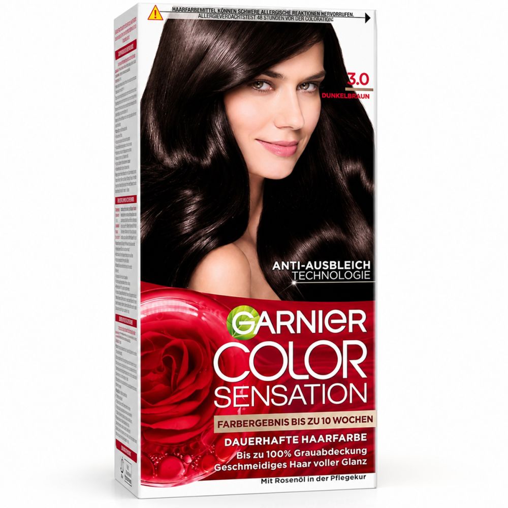 Emballage Garnier Color Sensation. Femme aux cheveux foncés. Nom du produit et nuance 3.0 Brun foncé.