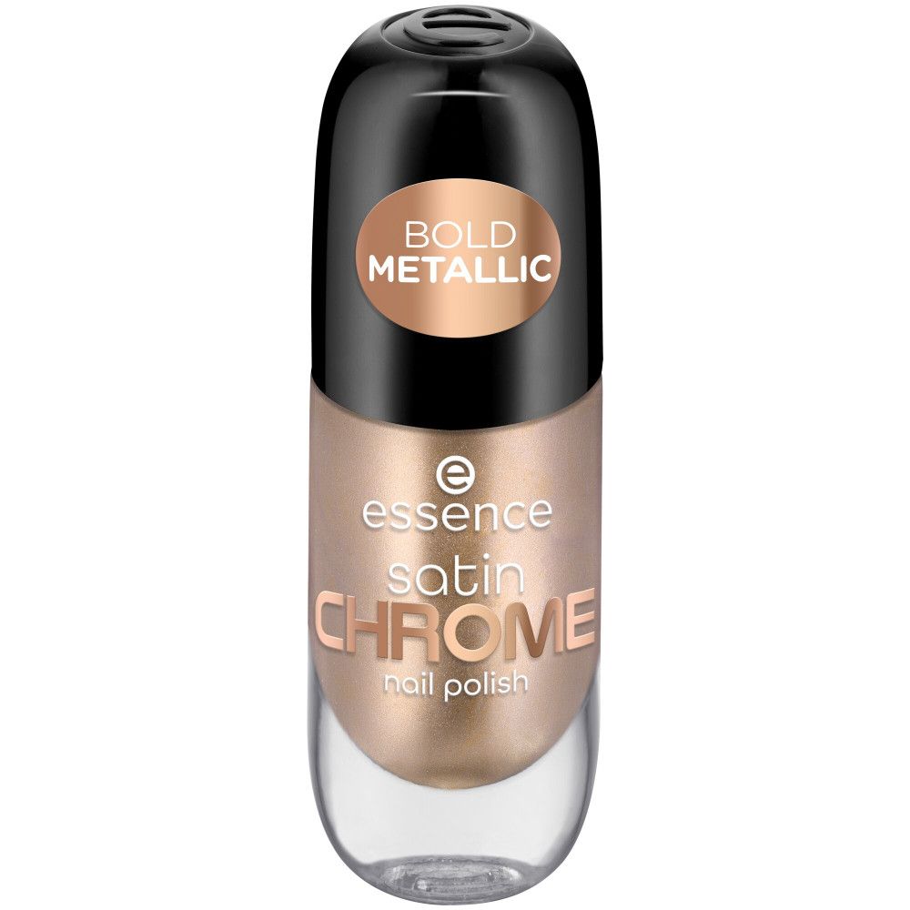 Flacon de vernis à ongles avec bouchon noir. Inscription: Essence Satin Chrome Nail Polish. Couleur: or. Sur le bouchon: Bold Metallic.