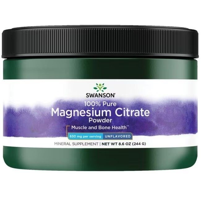 Groene pot met zwarte deksel. Opschrift: SWANSON 100% Pure Magnesium Citrate Powder. Zonder smaak. Mineralensupplement.