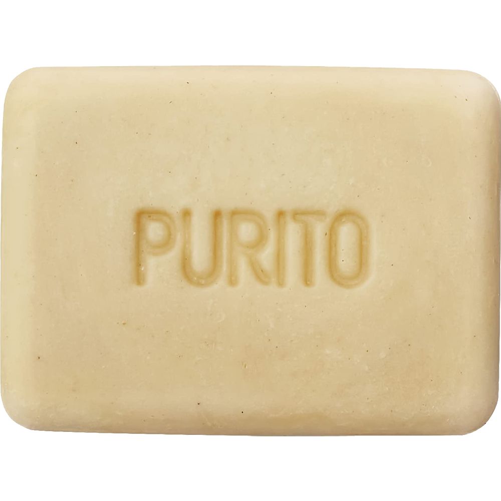 Savon beige rectangulaire avec le mot "PURITO" en relief.