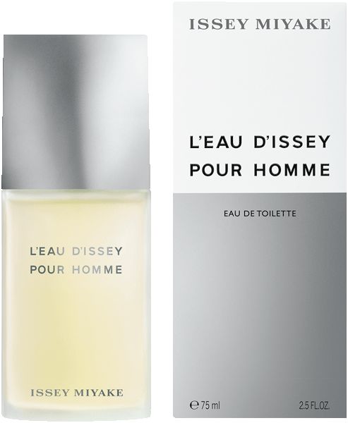 Fles en verpakking. Fles rechthoekig, zilveren dop. Verpakking wit, opschrift: L'EAU D'ISSEY POUR HOMME, ISSEY MIYAKE.